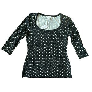 White House Black Market Stretch Top Small Dot Scoop Neck 3/4 Sleeve Studs NWT